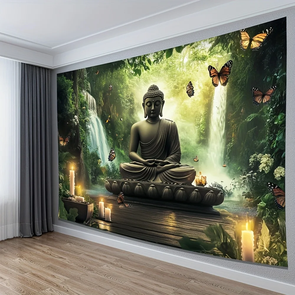 1 tissu de méditation bouddhiste - Cascade paisible et verdure luxurante, accompagné d'une statue de Bouddha en méditation