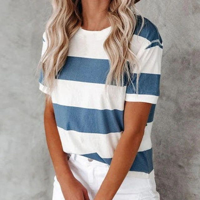 Camisetas a rayas blancas y azules para mujer Tops informales de manga corta camisetas de mujer camisas de verano AliExpress