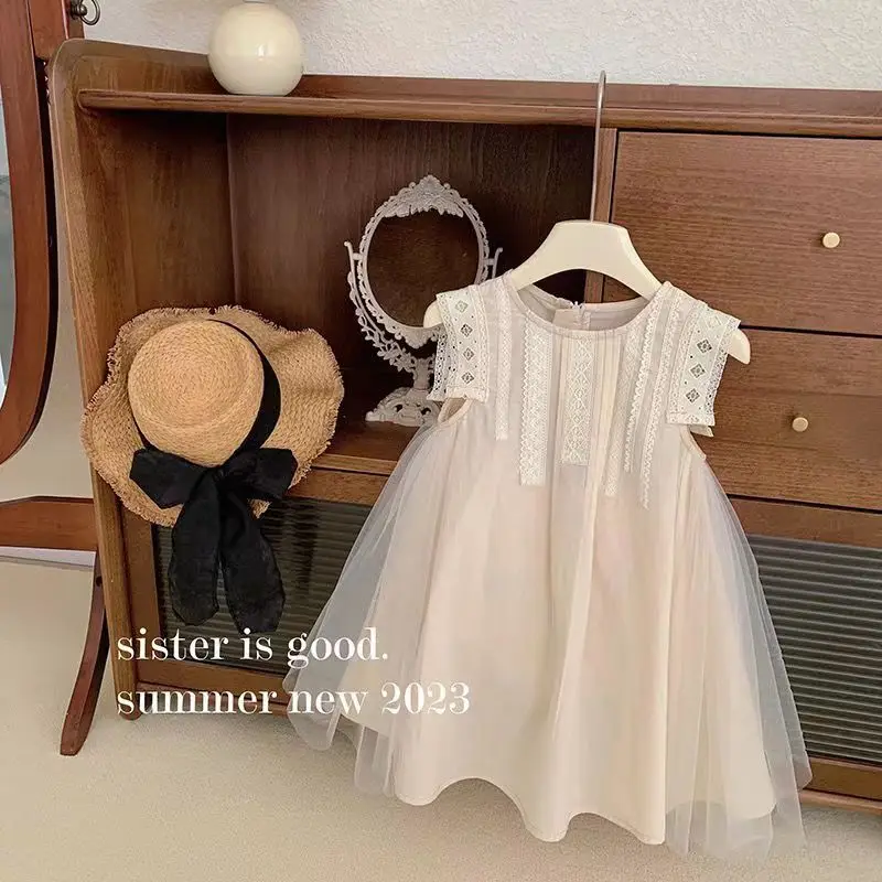 Children Clothing Baby Girl 2023 Summer Beige Mesh Sleeveless Lace Vest Dress Princess Sweet Fashionable Girls Casual Dress