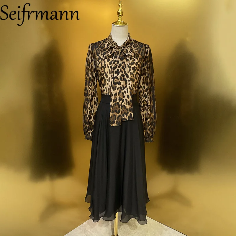 

Seifrmann 2026 Summer Women's New Fashion frenulum Collar Long Sleeve Silk Printed Shirt+Half Skirt Two Piece Set