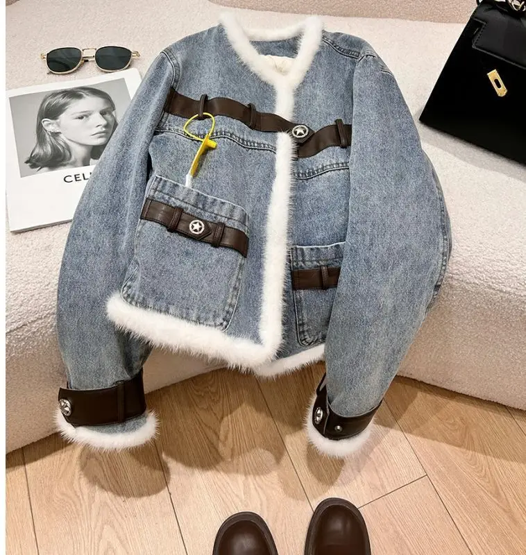 Denim Coats With Rhinestone Woman Fur Plush Womens Winter Standneck Lined Pleated Drawstring Outcoats Steampunk Festival Relaxed