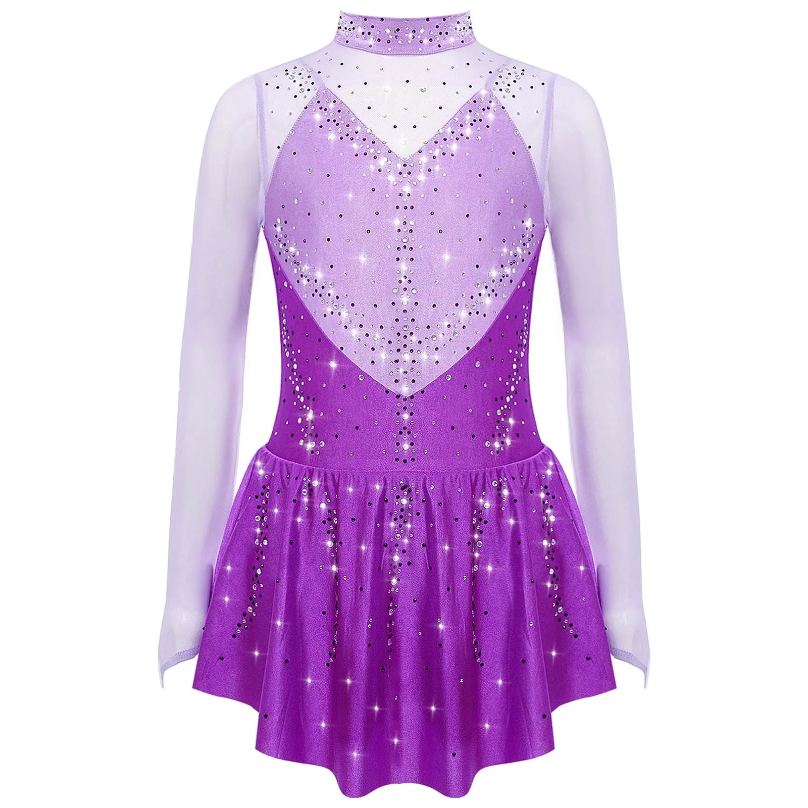 Kids Girls Gymnastics Figure Skating Dress Long Sleeve Color Block Sheer Mesh Patchwork Shiny Rhinestones Dance Leotard Dress