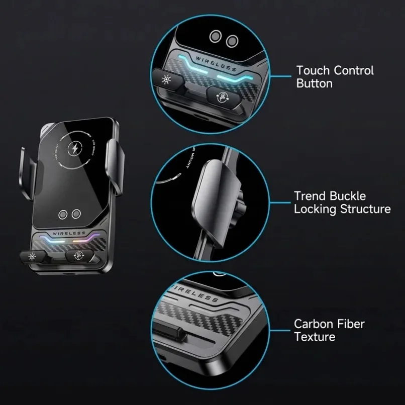 Smart Sensor Car Wireless Charger Fast Charging RGB Carbon Fiber Air Vent Suction Cup Mount for iPhone Samsung Android Phones