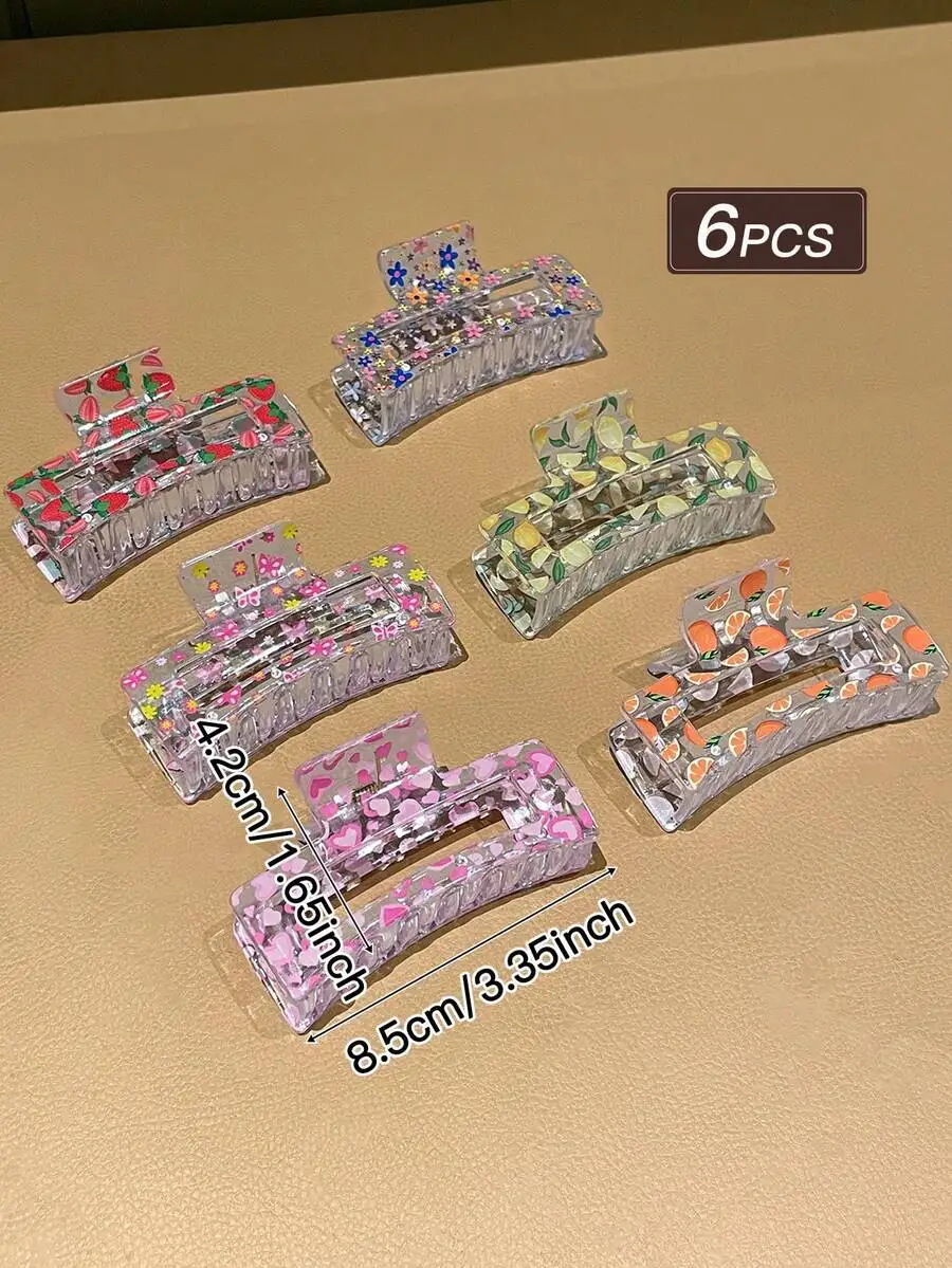

6pcs Womens Colorful Square Hair Clips With Fruit Flower Butterfly Print, Large Claw Clips For Summer Casual Wear