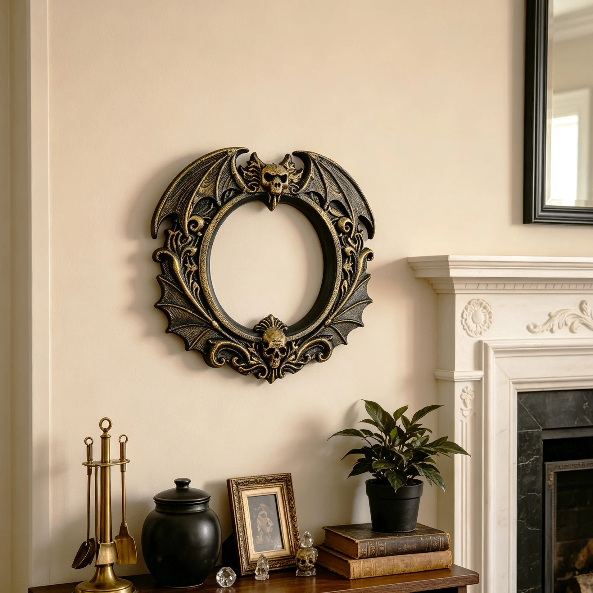 Cross‑border Dark Gothic Bat Skull Embossed Wall Frame, European Antique Black Gold Wall Ornament for Home Aesthetic Decor