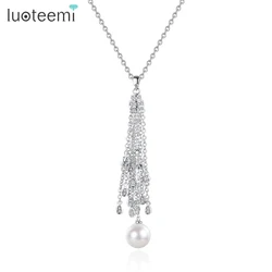 LUOTEEMI Zircon Tassel Pendant Necklace AAA Cubic Zirconia Luxury Long CZ Sweater Imitation Pearl Necklace Girls High Quality