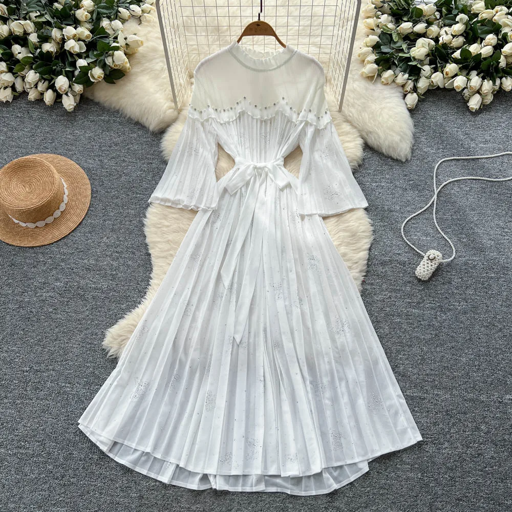 Chic vintage sexy long sleeve butterfly  Ruched A-line Dress Fashion korean fashion Slim summer Elegant robe dresses