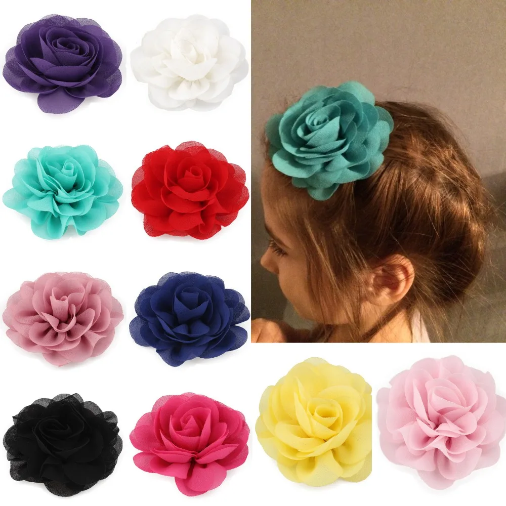 

50pcs/lot 20colors 8.5cm Chiffon Petals Poppy Flower Hair Clips Rolled Rose Fabric Hair Flowers For Kids Girls Hair Accessories