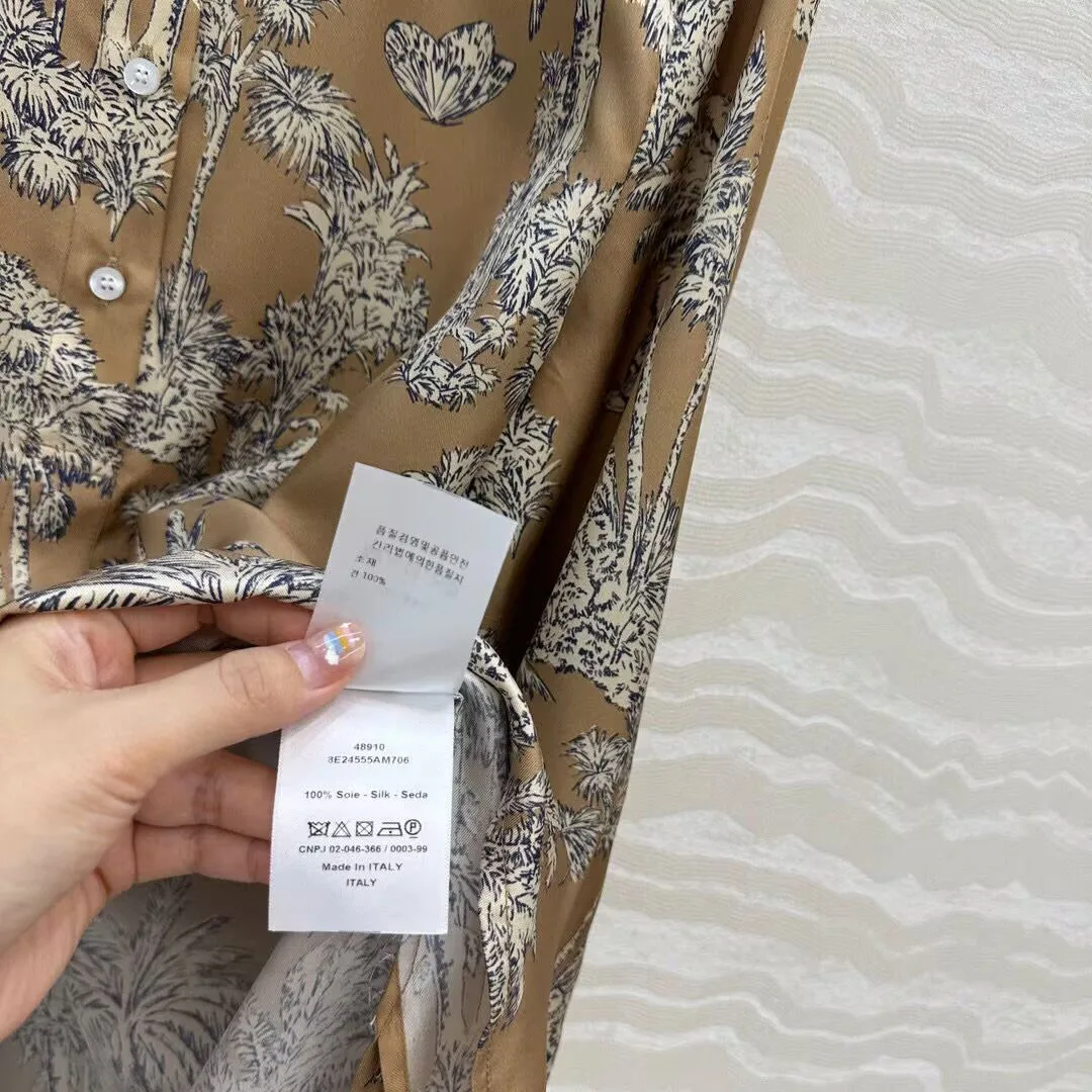 2025 nuevo otoño Vintage estampado de árbol de coco mariposa 100% Camisa larga de seda mujeres cuello redondo manga larga blusa Casual suelta Tops