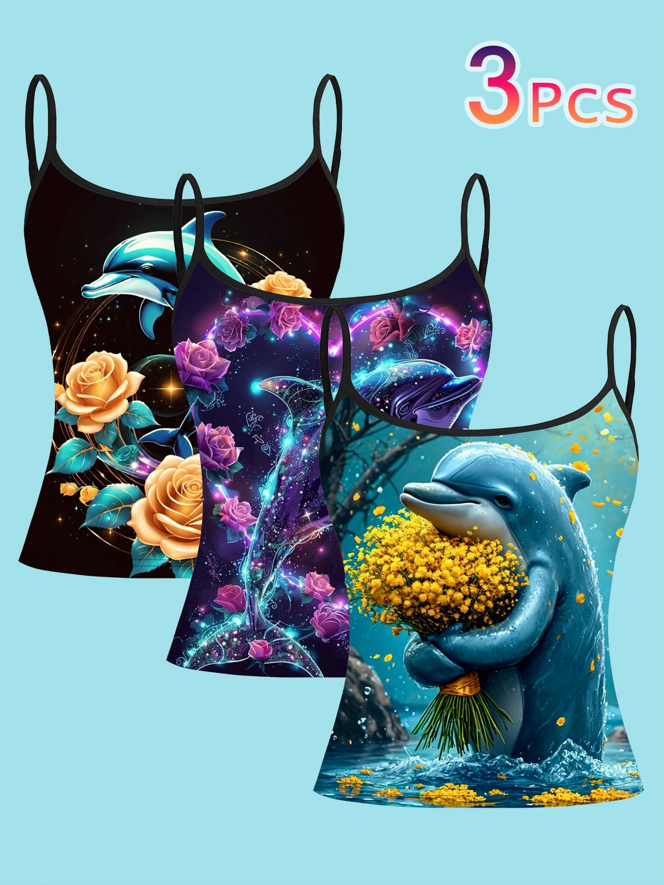 3-Pack of Printed Camisoles with Healing Dolphin and Floral Patterns, Slim-Fit, Sleeveless, Suitable for Outerwear