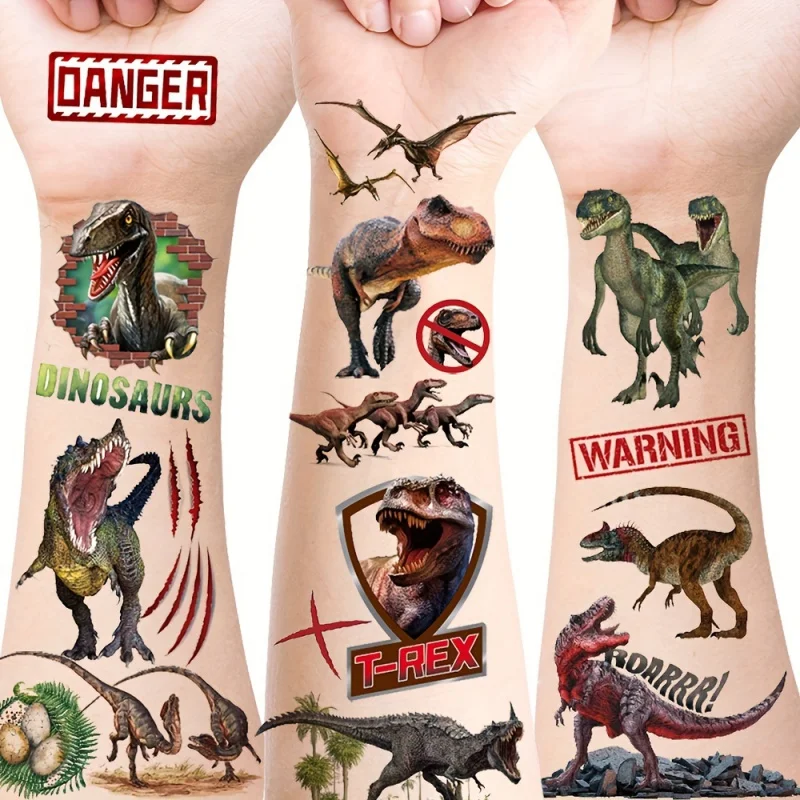 12-Piece Dinosaur World Temporary Tattoo Stickers Set - Realistic and cool dinosaur designs, Jurassic T-Rex, Velociraptor, Ptero