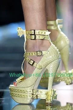 Lady yellow stone pattern buckle metal design pumps sexy peep toe stiletto heel platform design high heels size 46 footwear