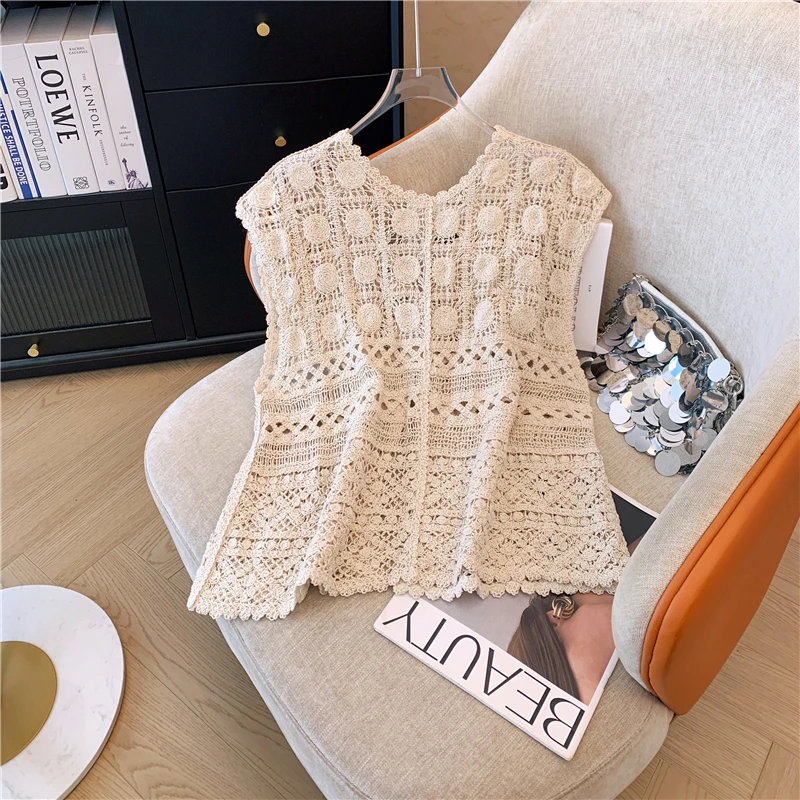 ノースリーブ女性かぎ針編みシャツ韓国ファッション女性フックフラワー中空アウトブラウス V ネックニットベストトップス