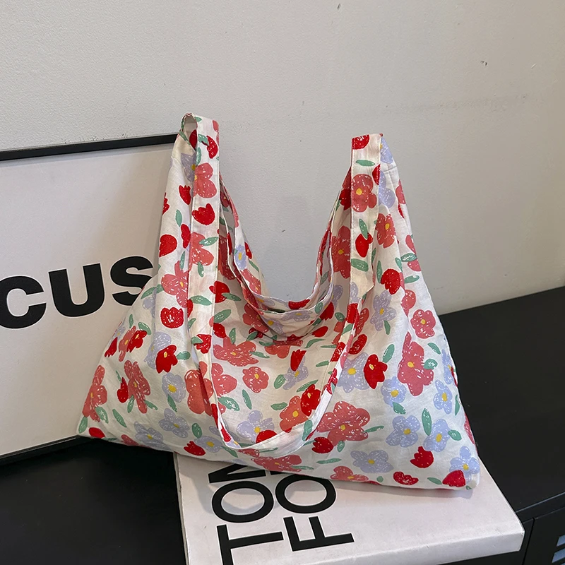Floral Canvas Tote Bag Women's 2024 New Fashion Student Class Tote Bag Versatile Large Capacity Slant Cross Cloth Bag