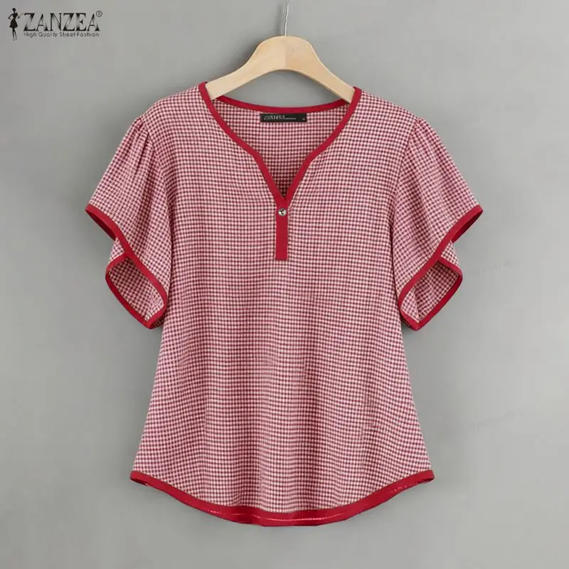 

2026 ZANZEA Women Elegant V Neck Short Sleeve Work Blouse Summer Plaid Tops Casual Holiday Tunic Stylish Color Blocking Shirt