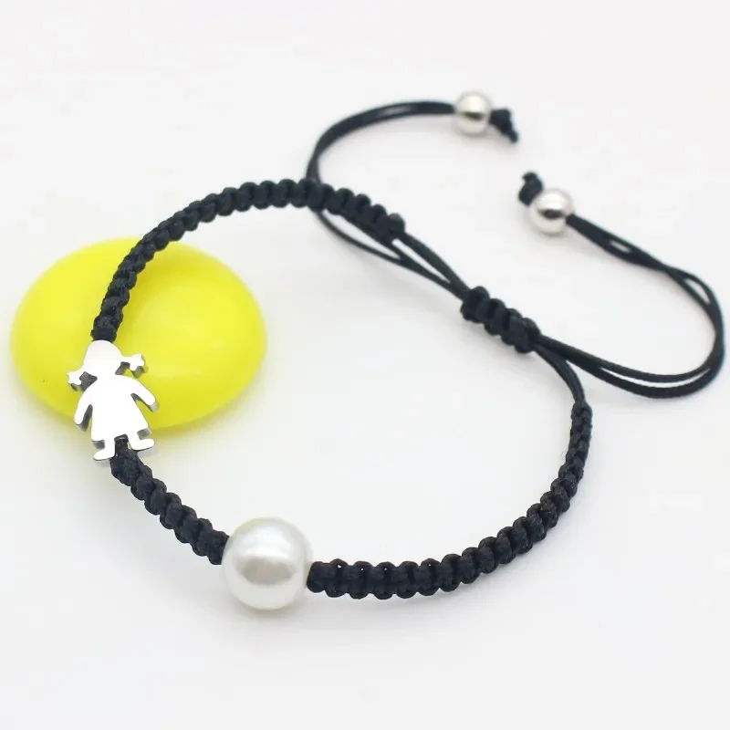 Cute Stainless Steel Little Girl Charm Bracelet Imitation Pearls Braided Adjustable Rope Bracelets for Women Jewelry Gift