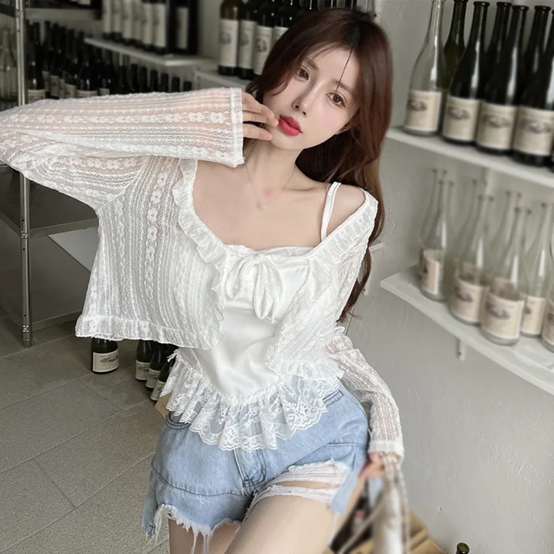 Women Summer Sun Protection Lace Bow Ruffle Cardigan Shirt Female Blouse Tops for Woman Covers  White Korean Shirt