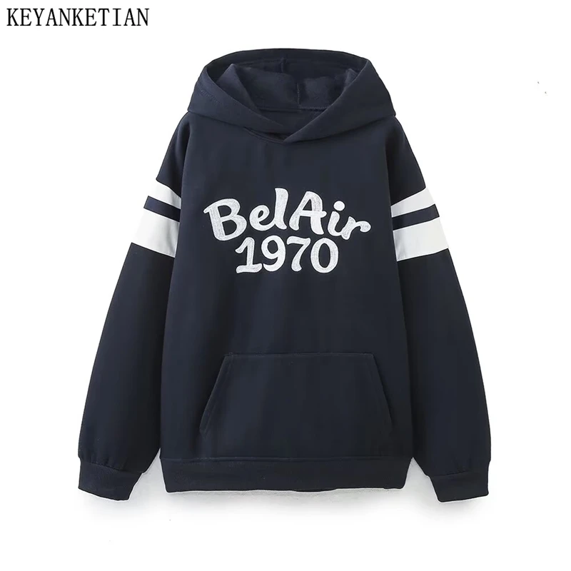 

KEYANKETIAN Winter New Unisex style Letter Print Women's Fleece Hoodies Pullover Front Pocket Oversize Loose Thick Sweatshirts