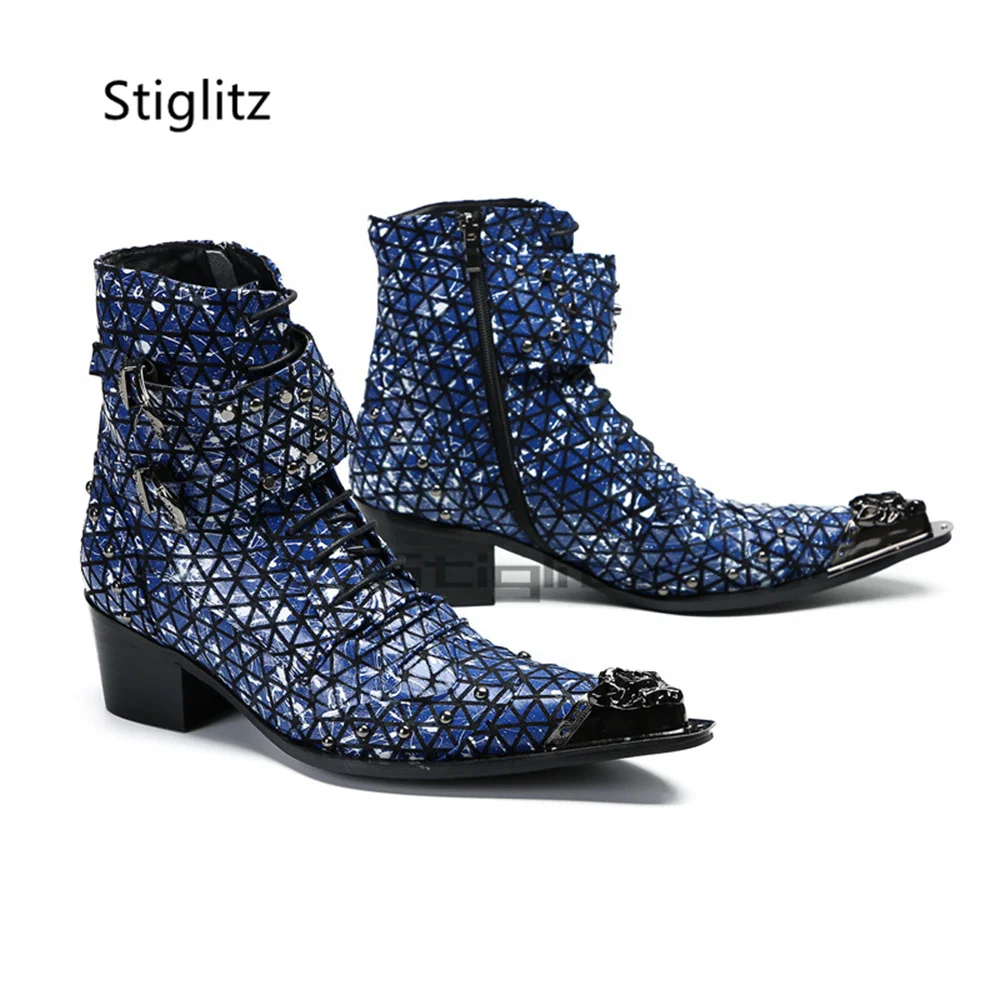Punk Metal Tip Point Ankle Chelsea Boots Men Patent Leather Lace Up Rivet Studded Buckle Straps Western Stage Short Boots