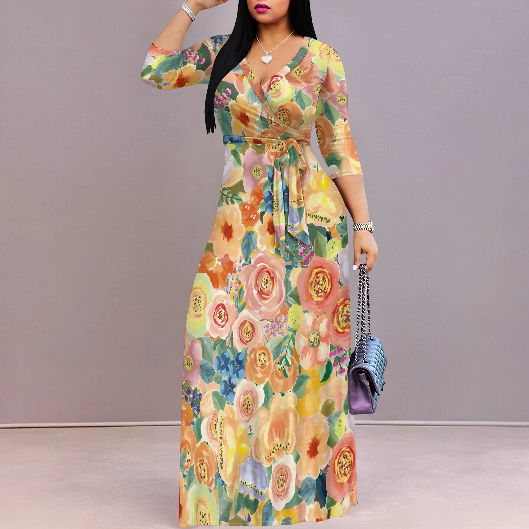 فستان Nupusa بمقاس قياسي منقوش عليه زهور، فستان صيفي أنثوي ورقبة على شكل حرف V نصف كم، فستان صيفي أنثوي