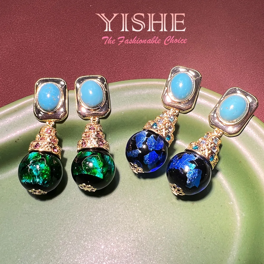 Original new Chinese water drop gold sand glass earrings vintage texture natural gemstone national dynasty marking medieval earr