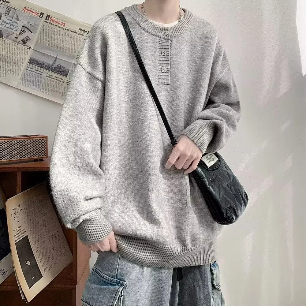 

Men's Large Size 250 Pou American Sle Henry Collar Knitwear Long Sve Pure Color Outerwear Autumn Winter Polyester Fiber