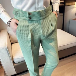 Calças de terno de cintura alta para homens 2024 nova cor sólida formal pantalones hombre casual fino ajuste vestido calças roupas masculinas