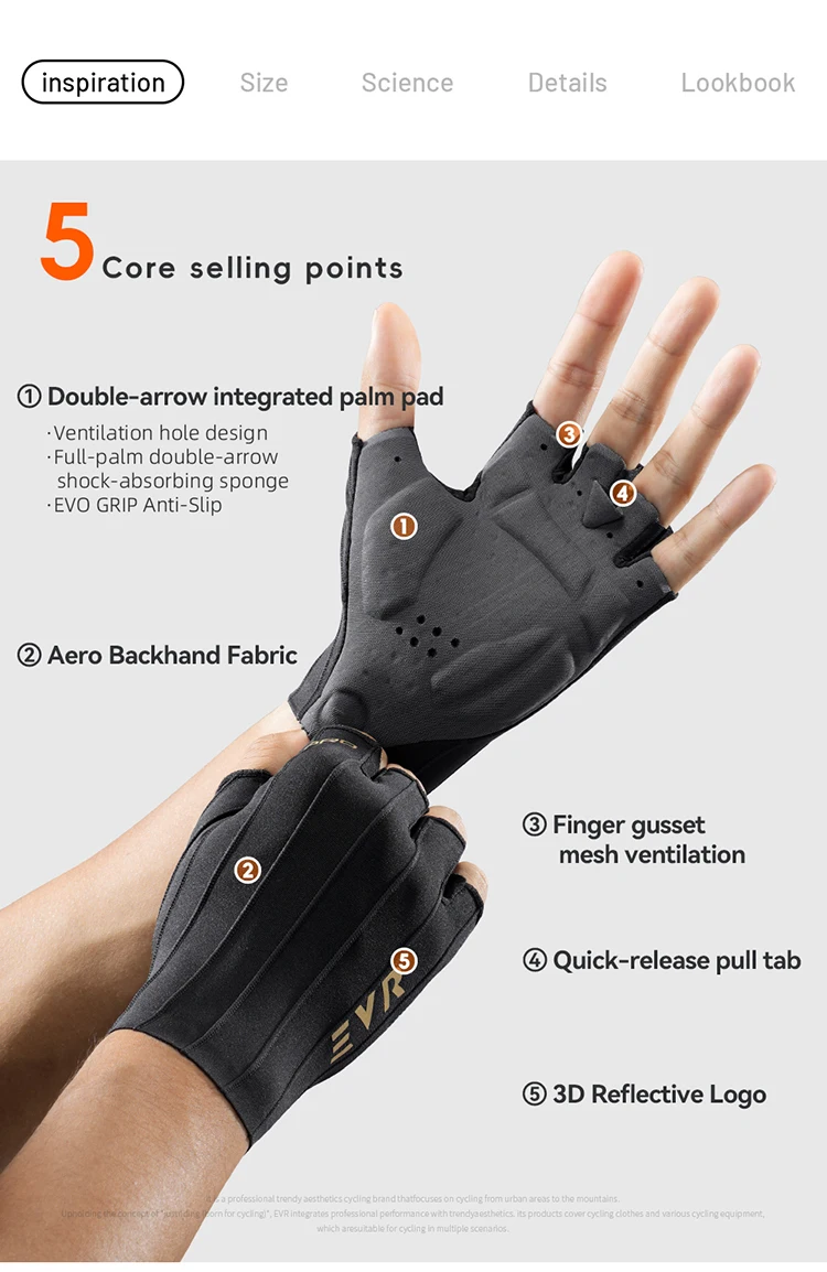 EVR Sommer-Fahrradhandschuhe Kurzfinger Vollflächen-Doppelpfeil-Fahrradhandschuhe MTB Atmungsaktive Rutschfeste Sport-Rennradhandschuhe – Detail 4