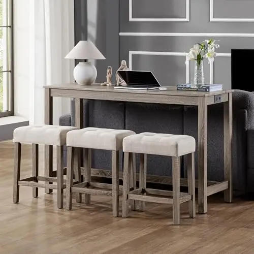 4 Piece Bar Table Set with Power Outlet,Industrial Breakfast Table with 3 Padded Stools Solid Wood Counter Height