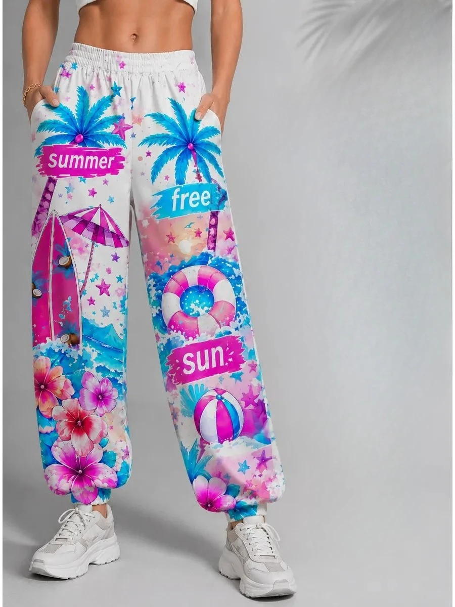 Women Tropical Summer Palm Floral Swim Ring Print Baggy Sweatpants Pockets Drawstring Elastic Cuffs Vacation Jogger Trousers