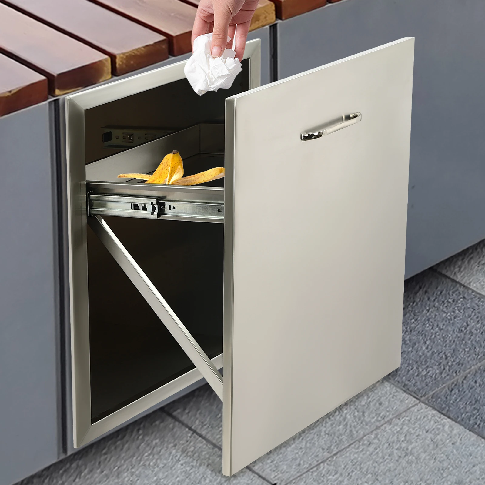 

Stainless Steel Roll-Out Trash Drawer for Outdoor Kitchens – Convenient Pull-Out Design