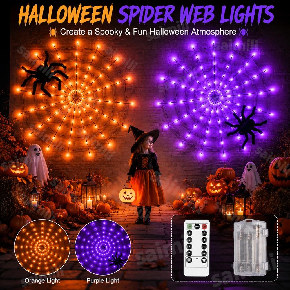 Battery Halloween Spider Web Lights Orange Purple Atmosphere Lamp For Home Holiday Party Decor Spooky Holiday Wall Ornament