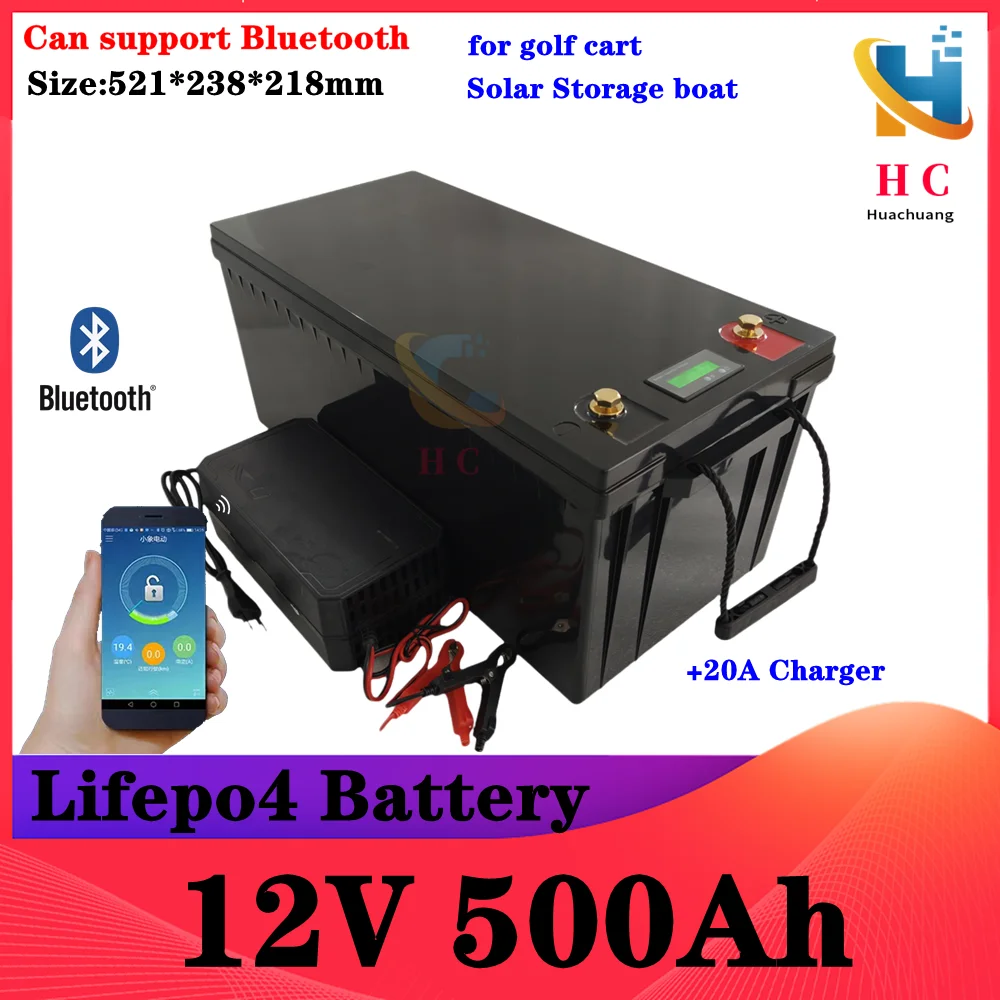 waterproof 12V 500AH Lifepo4 battery lithium bluetooth BMS APP 4S 12.8V 500Ah for golf cart Solar Storage boat +20A charger.