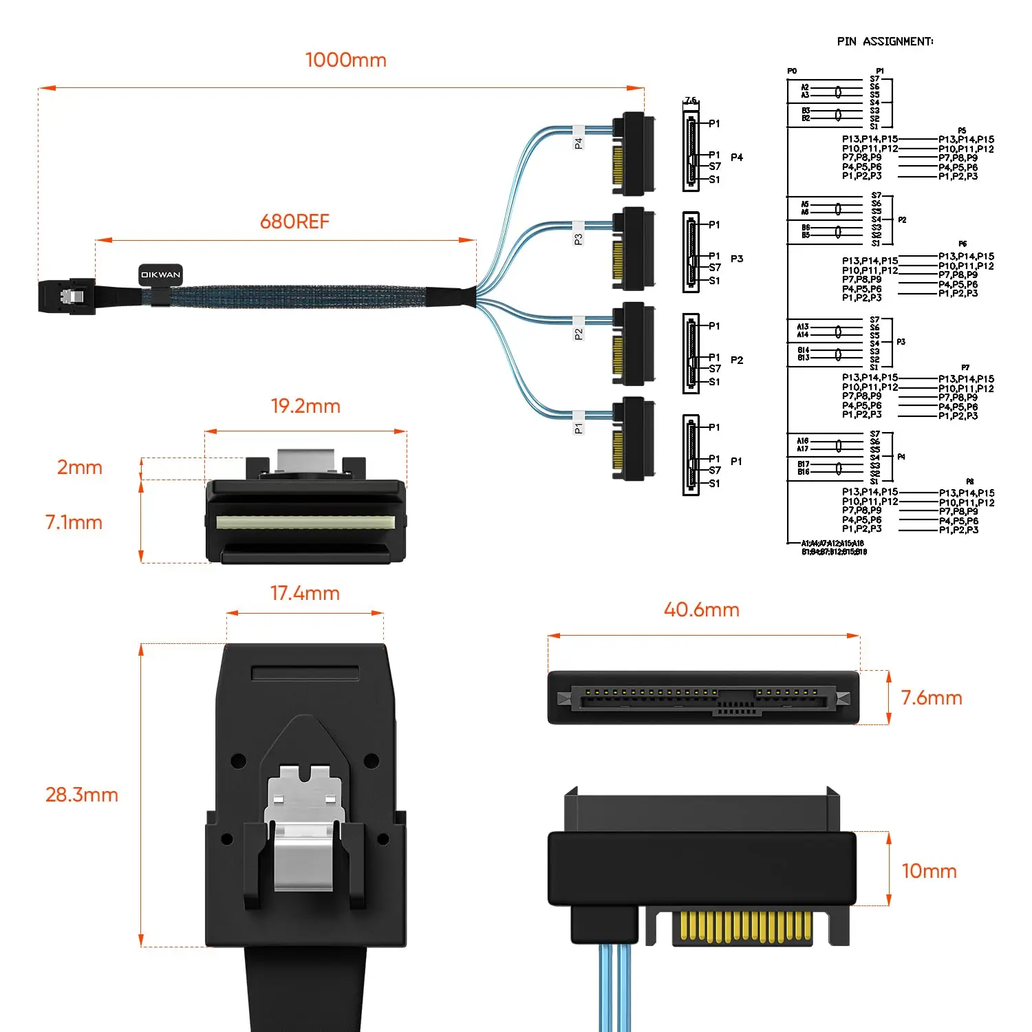 JavicTech SFF-8643 Internal Mini SAS HD to (4) 29pin SFF-8482 Connectors with SATA 15pin Port 2 in 1 Cable 0.5m/1.0m