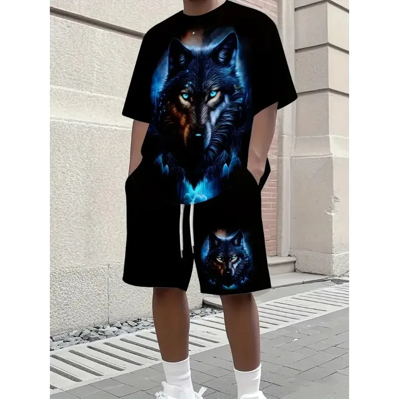2025 Men's 3D Summer 2-piece Printed Round Neck Short Sleeved T-shirt and Sports Shorts Set Casual Outdoor Daily Polyester Fiber