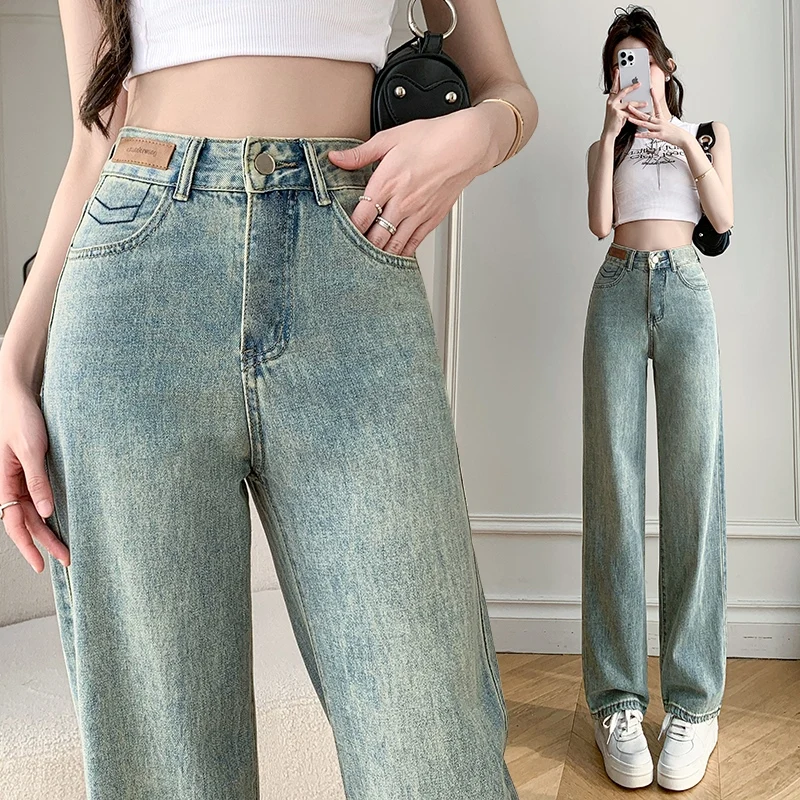 High Waisted Printed Straight Leg Jeans for Women, New Hong Kong Style Wide Leg Denim Pants, Narrow Version Casual Streetwear