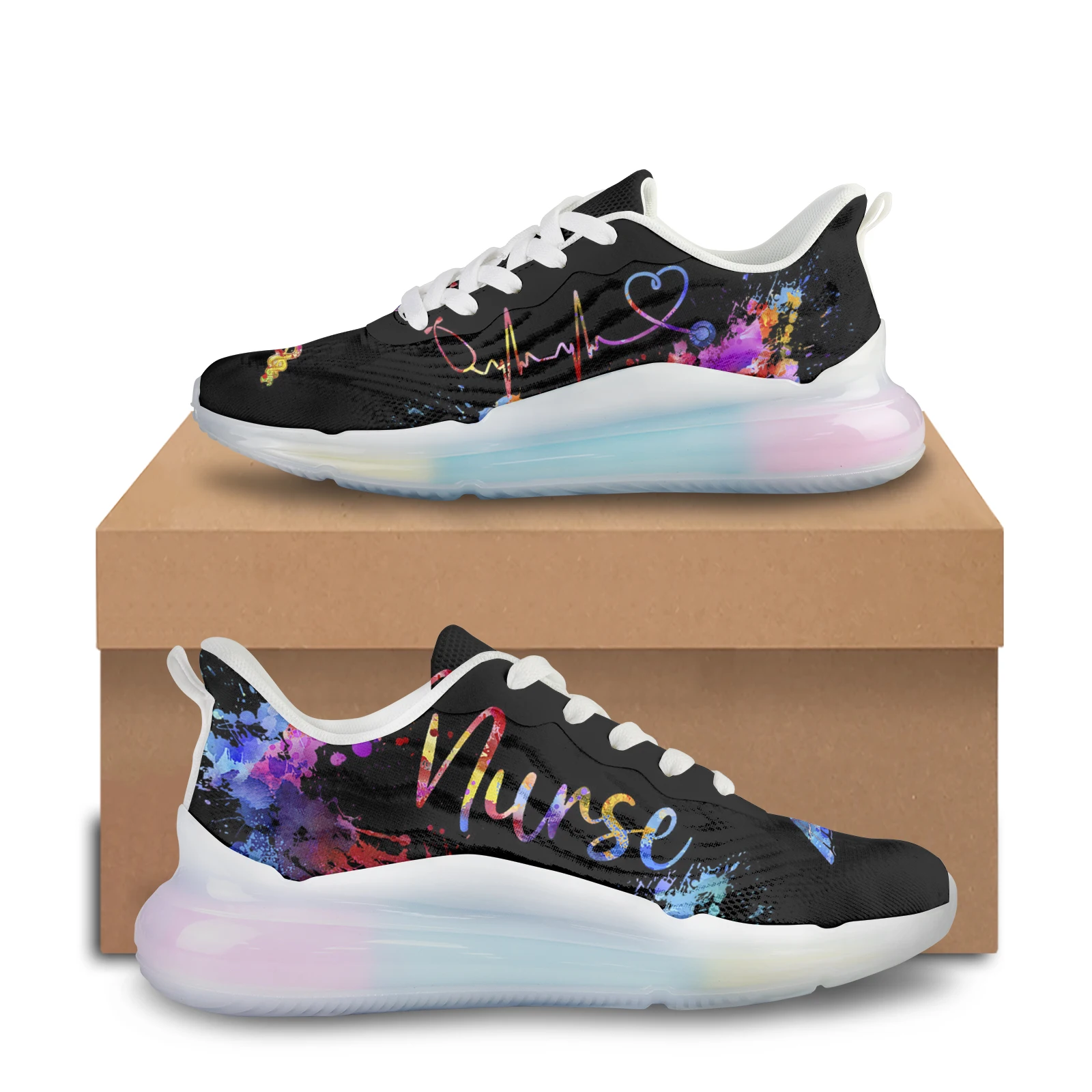 Fashion Colorful Graffiti Nurse Heartbeat Prints Shoes Sneakers Soft Soled Women Running Shoes Light Lace Up Running Shoes