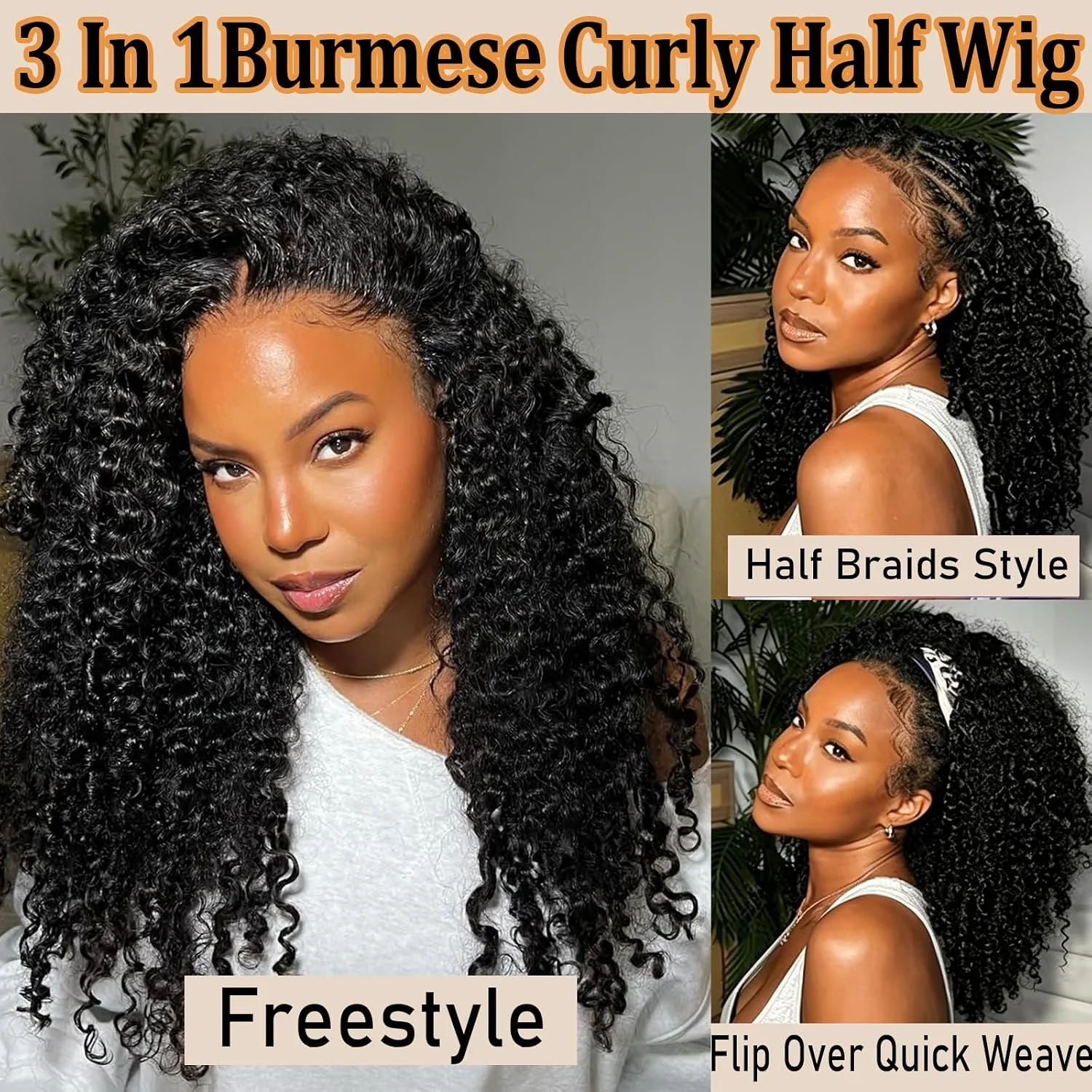 New Arrival 3 IN 1 Half Wig With Drawstring Seamless Human Hair Wig Burmese Curly Headband Wig Upgrade for Women Summer Machine Wigs