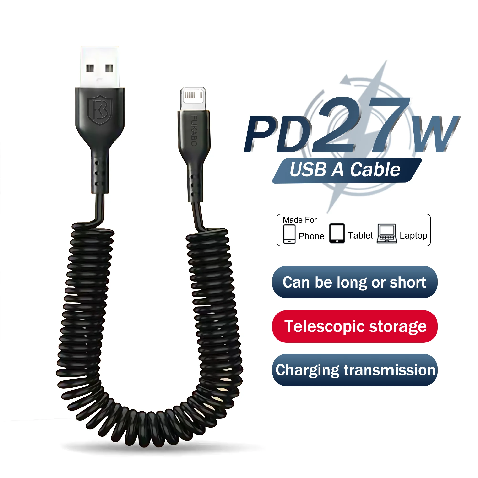 Spring Wire Elasticity USB A Charge Cable For Apple iPhone 27W Data Line 14 13 12 Pro XS Max Plus Fast Charging Phone Accessory