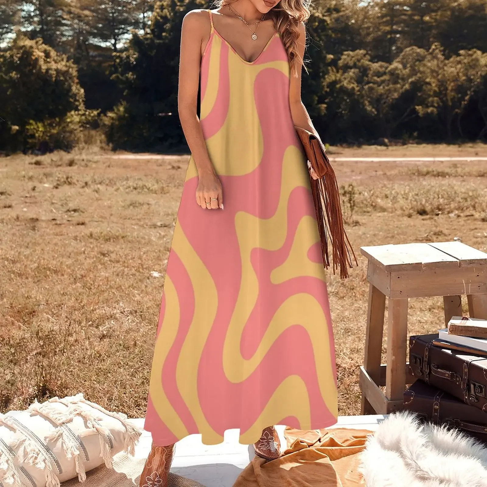 Liquid Swirl Retro Modern Abstract Pattern in Pink and Mustard Yellow Sleeveless Dress summer dresses for women 2024