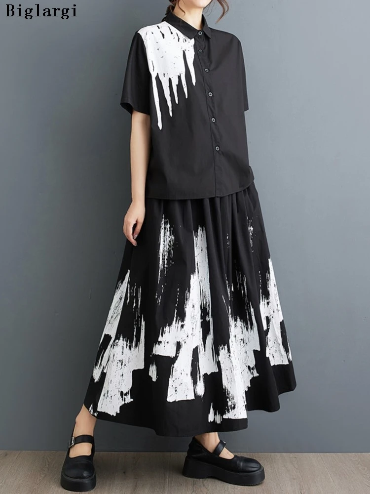 

Oversized Graffiti Print Summer 2 Two Piece Set Women Casual Loose Modis Ladies Cropped Shirts Ruffle Pleated Woman A-Line Skirt