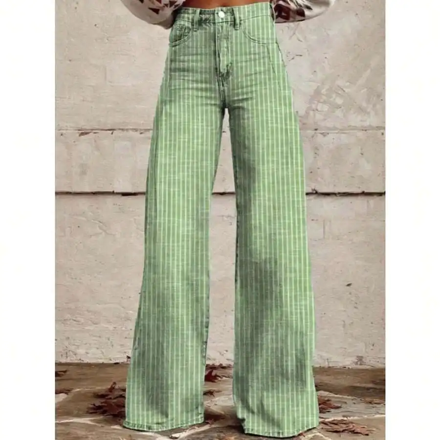 

Womens Green Striped Wide Leg Jeans High Waist Casual Denim Pants