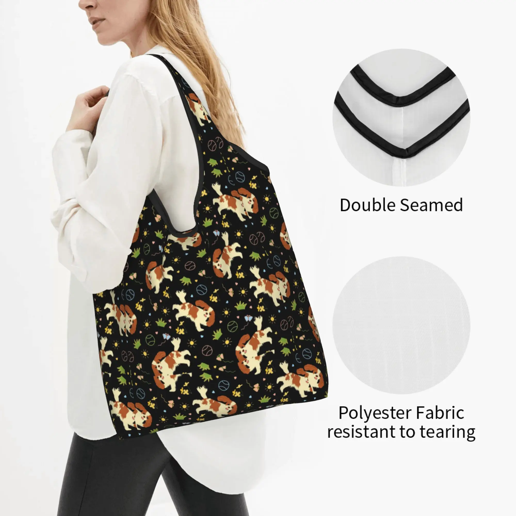 Playing The Cavalier King Charles Spaniel Groceries Shopping Bag Custom Shopper Tote Shoulder Bags Big Capacity Pet Dog Handbag