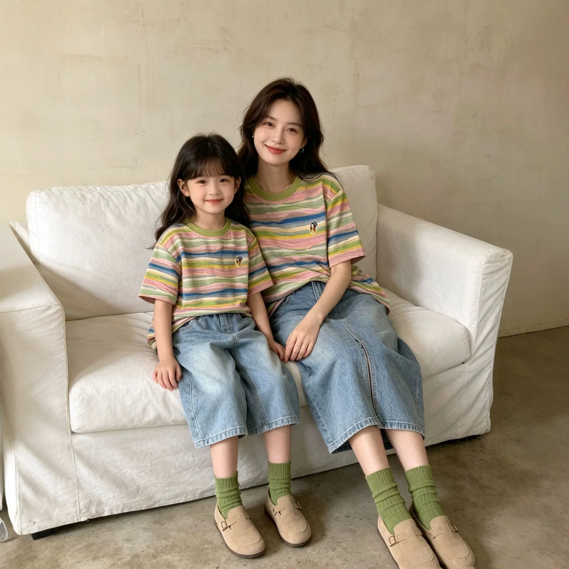 

2026 Summer Mommy and Me Matching Rainbow Stripe Tee Family Outfit Cotton Casual Short Sleeve Top for Mom Dad Daughter Son