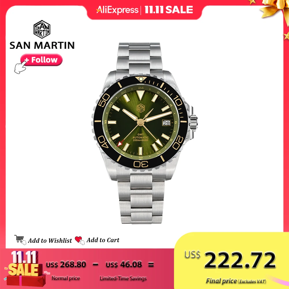 

San Martin 39mm Men Diver Watch GMT NH34 Stainless Steel Automatic Mechanical with Sapphire Luminous 20Bar Waterproof SN0136G