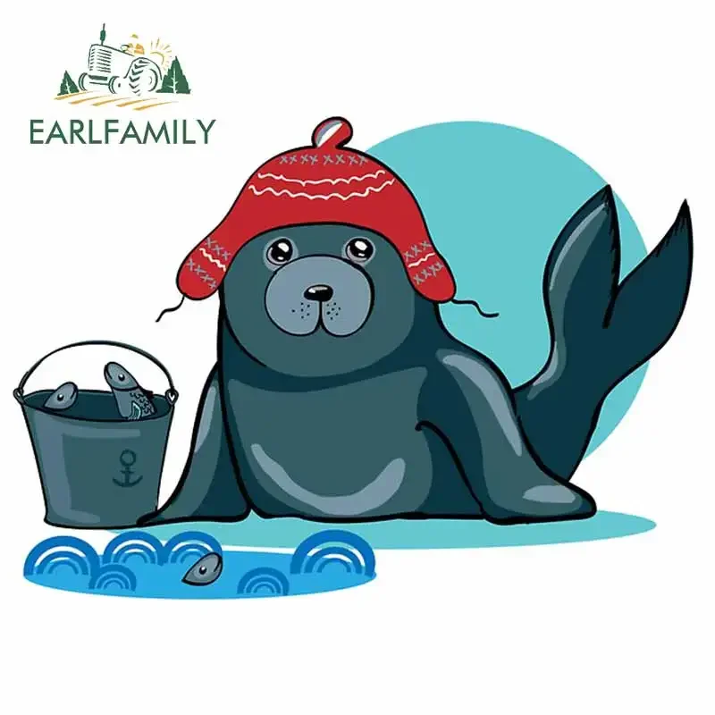 EARLFAMILY 13cm x 9cm Cute Seal Wearing Hat Car Stickers Cartoon Bucket Fish Surfboard Decal Vinyl Anime Scratch-Proof Decor