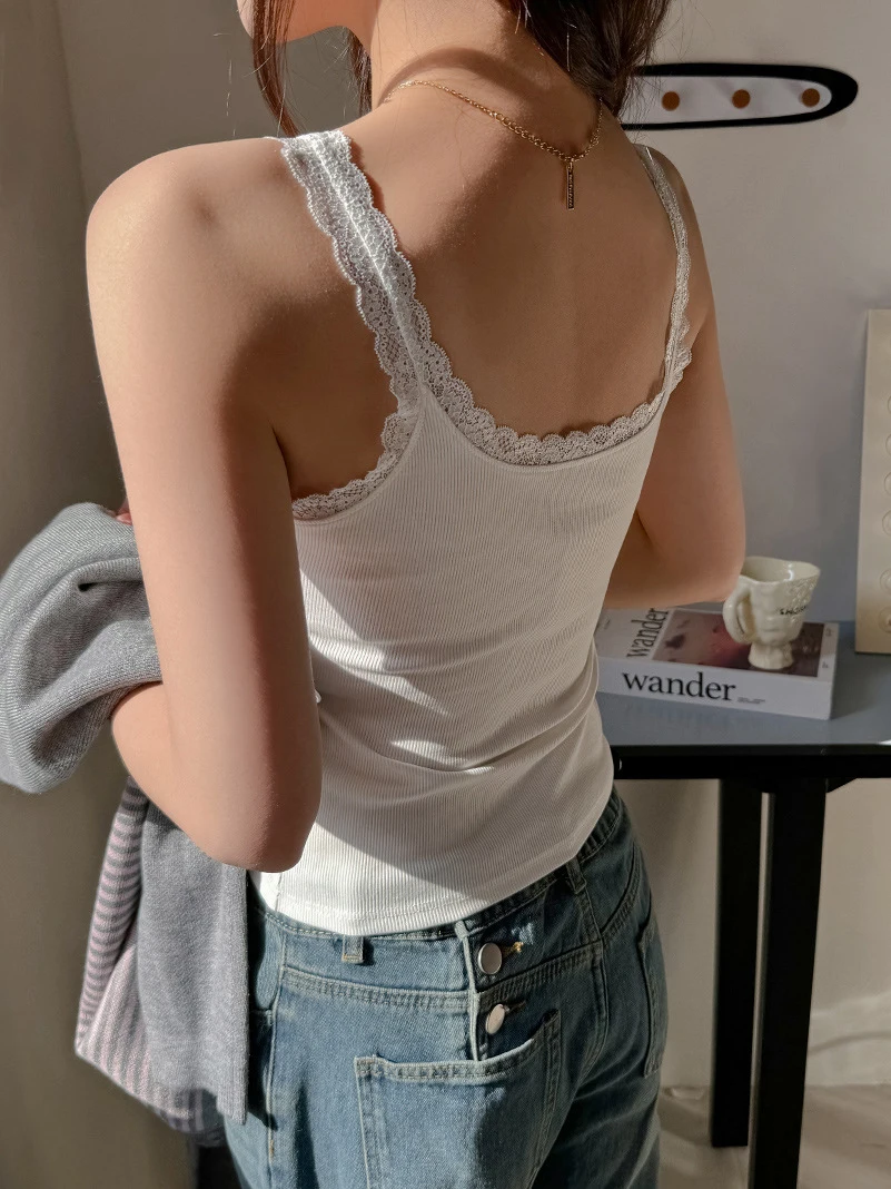 Lace Square Neck New Tank Top Womens Summer Sexy Korean Y2K Clothing Youth Trendy Comfy Vest Thread Stretch Basics Beauty Back
