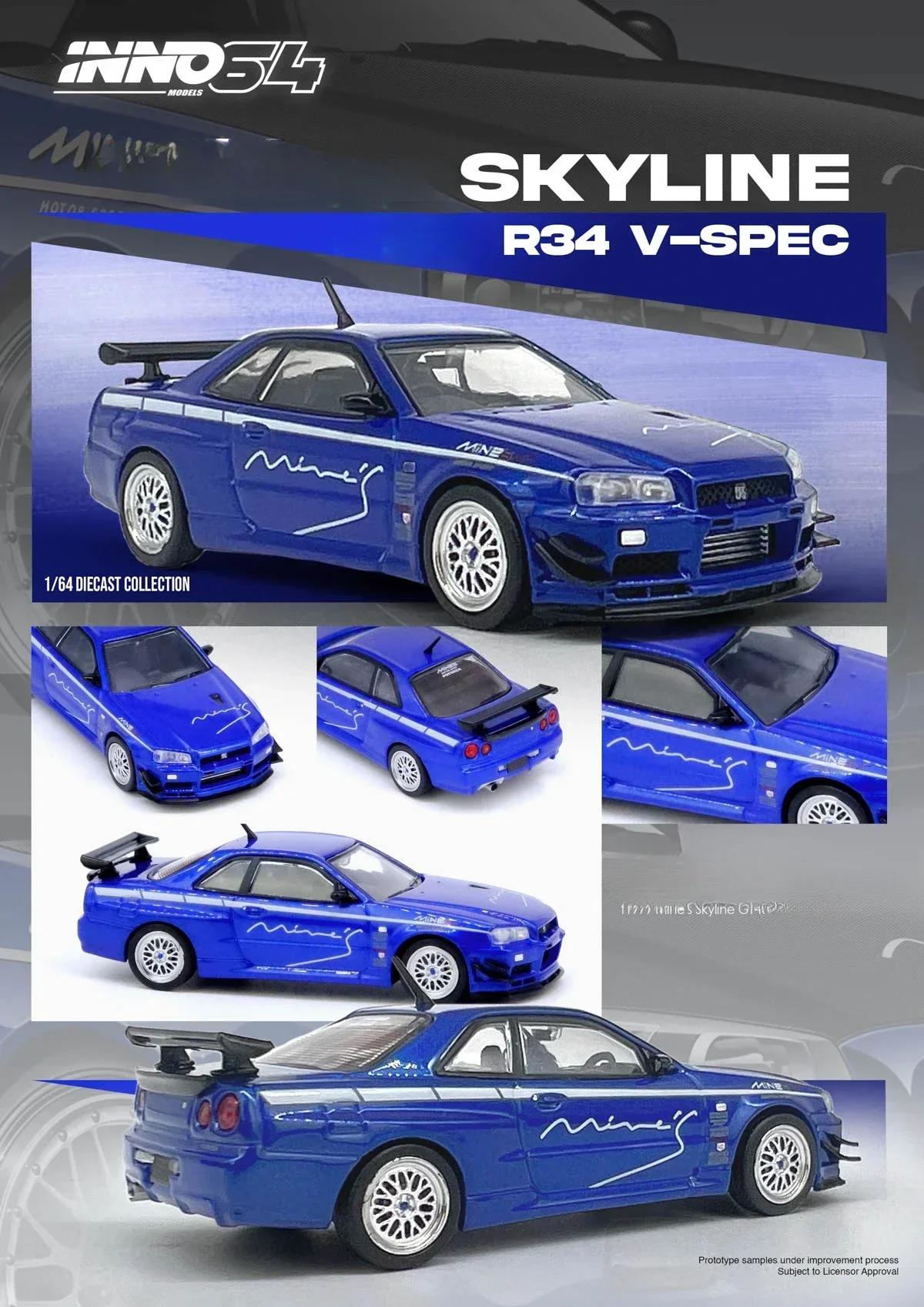 INNO 1:64 SKYLINE (R34)V-SPEC zaprojektowany odlewanym modelu samochodu MINE'S