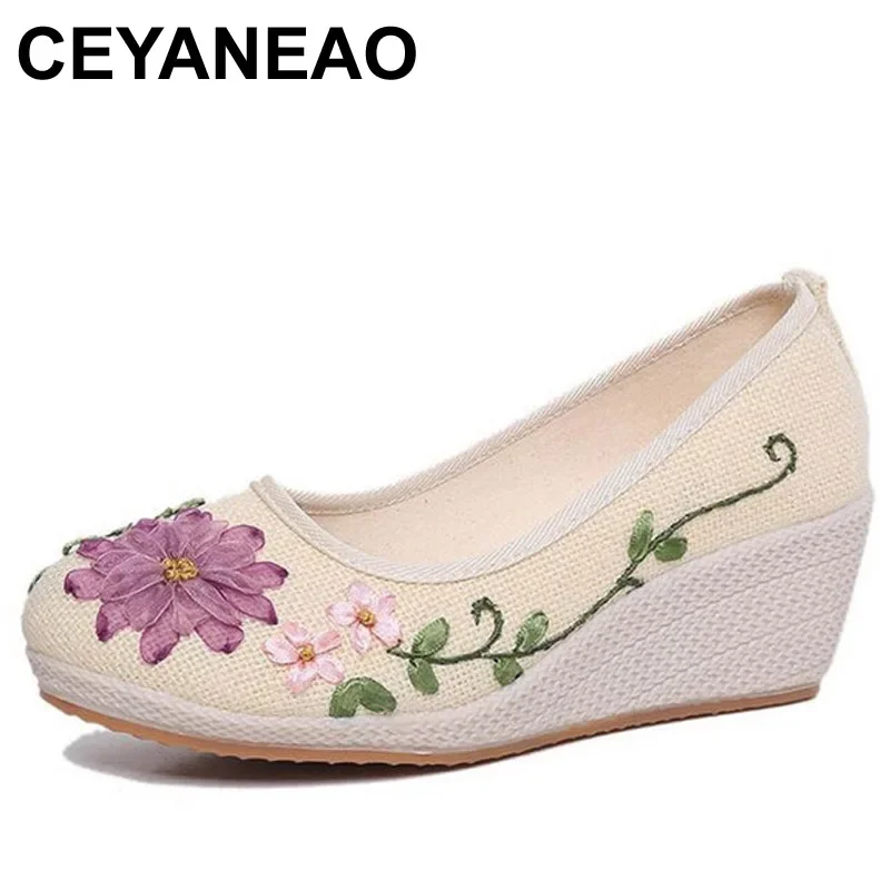 CEYANEAO Embroidered Women Shoes Ethnic Natural Linen Shoes Slope Heel Retro Cloth Canvas Soft-soled Dance Single ShoesE1360