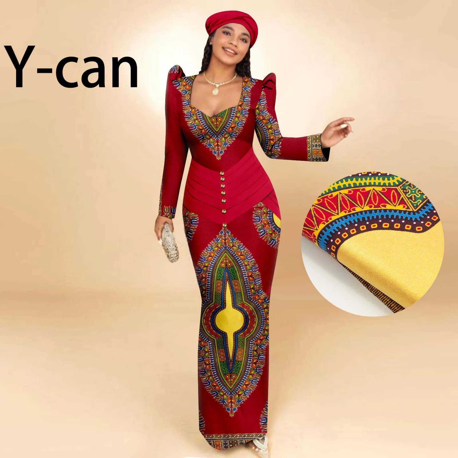 

African Party Dresses for Women Long Sleeve Heart-collar Dress with Free Headscarf for Wedding Party Elegant Lady Dress 2425129